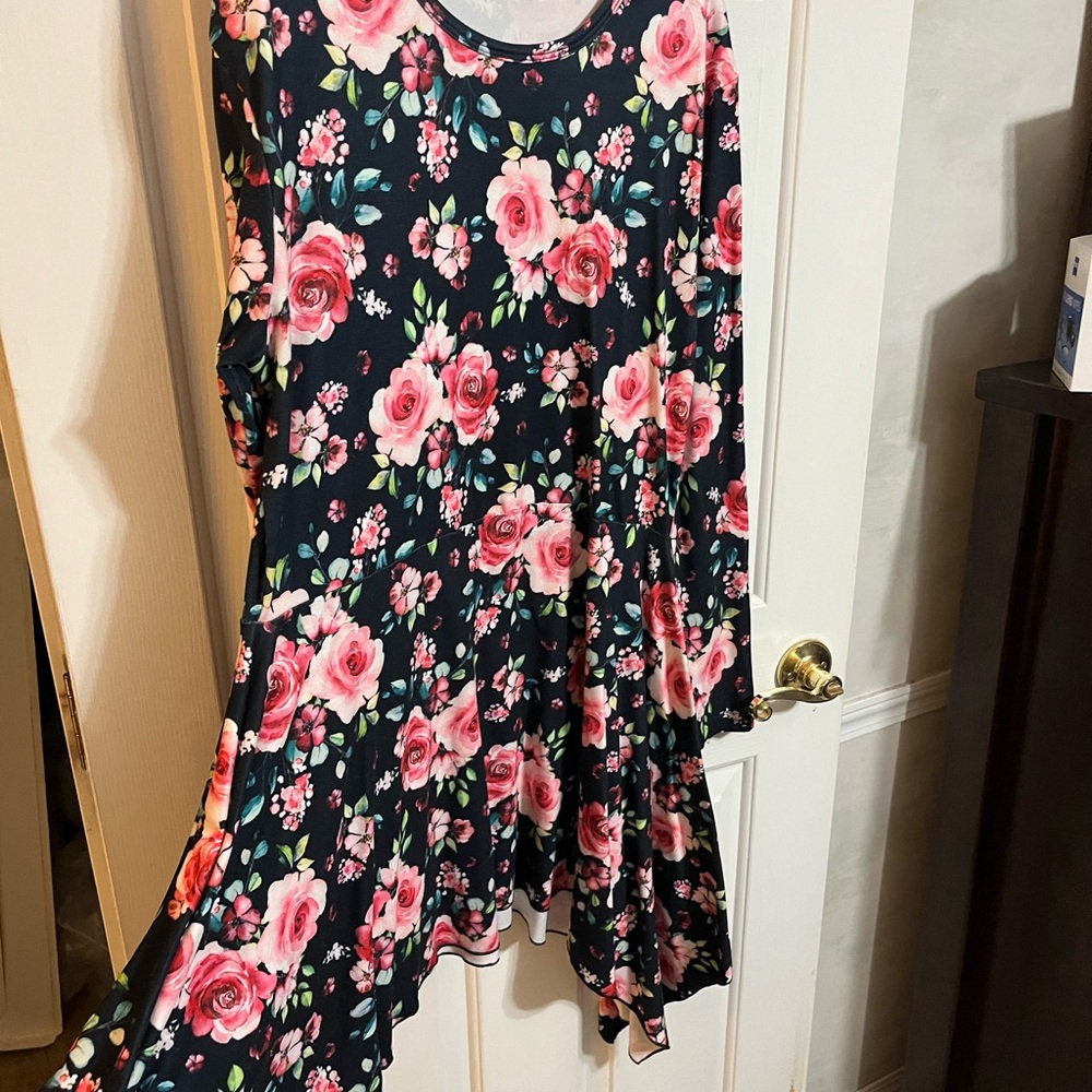 Navy Floral Hi-Low Top with Pink Floral Accents